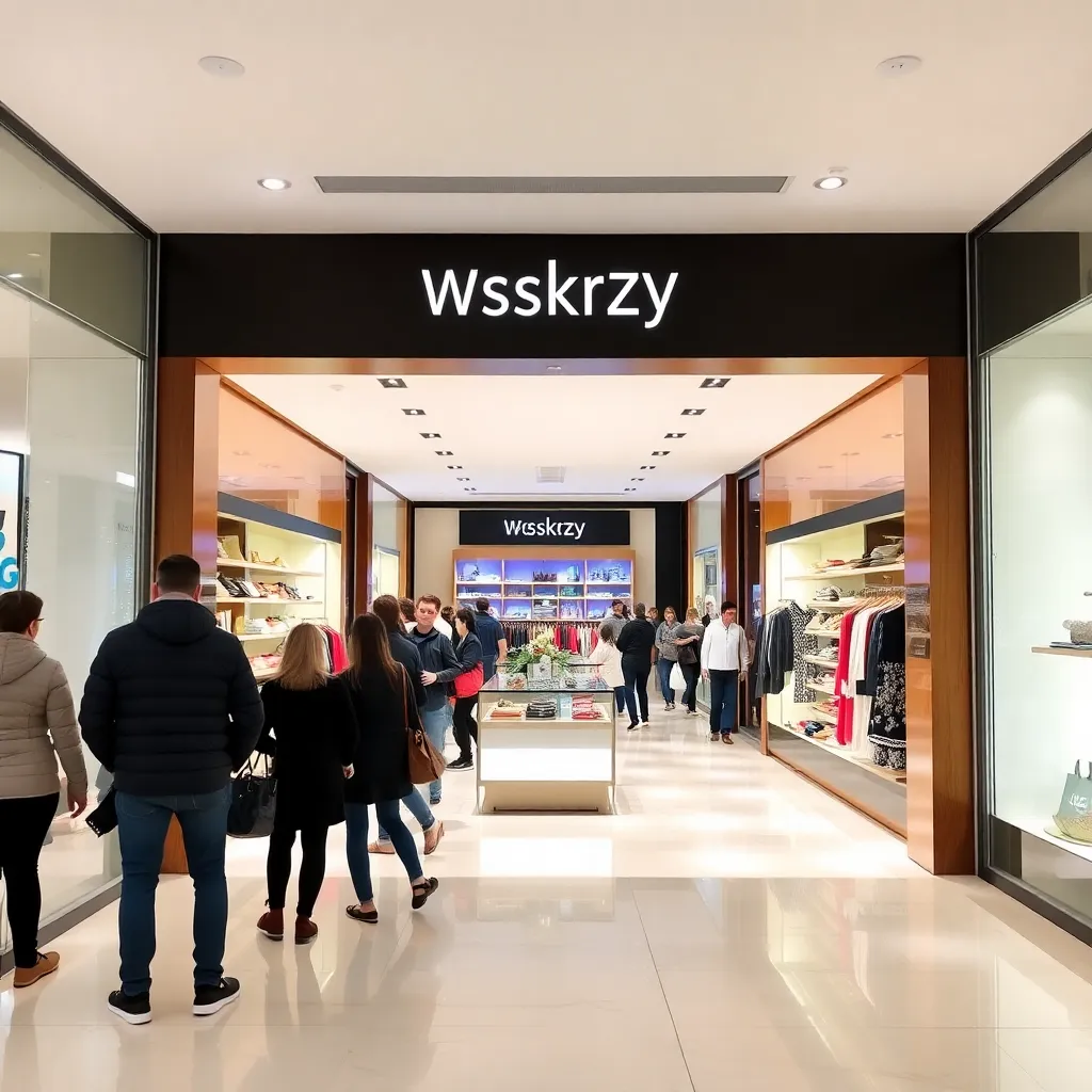 Modern bir alışveriş merkezi içinde şık bir perakende mağazası ve müşteriler